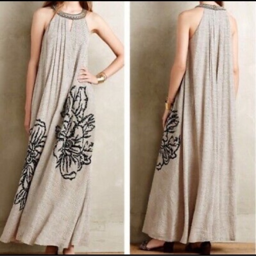 Ranna Gill Beige Maxi Dress with Black Floral Detail